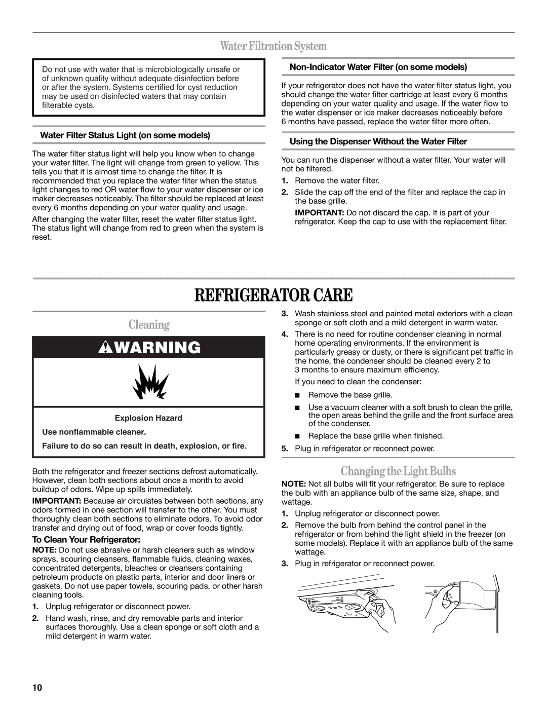 Whirlpool GR2FHTXV installation instructions Refrigerator Care, Water FiltrationSystem, Cleaning, Changing the Light Bulbs 