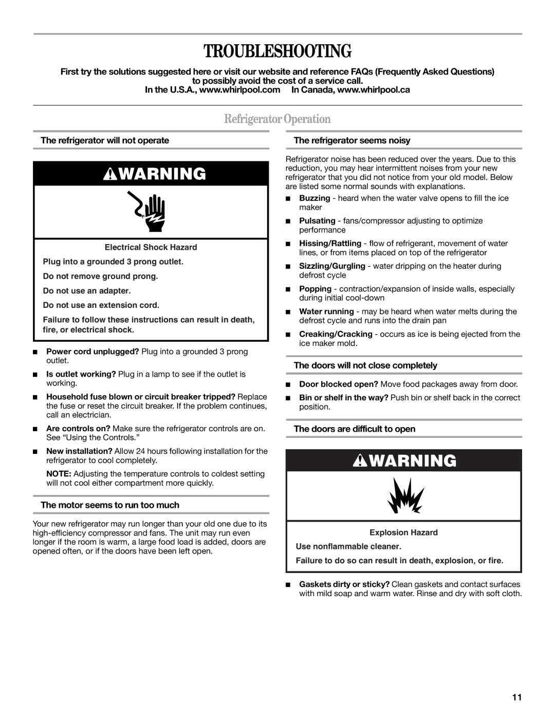 Whirlpool GR2FHTXV installation instructions Troubleshooting, Refrigerator Operation 