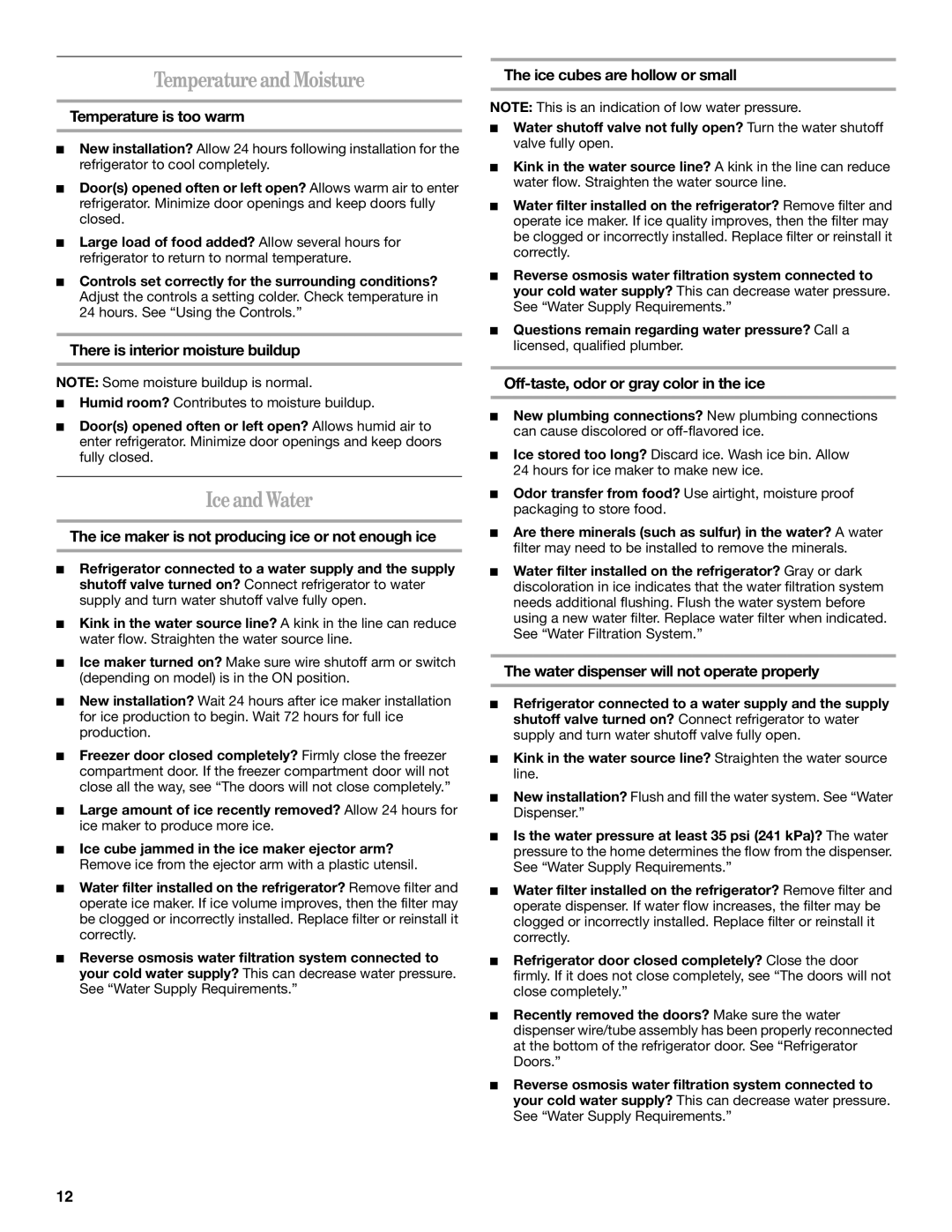 Whirlpool GR2FHTXV installation instructions Temperature and Moisture, Iceand Water 