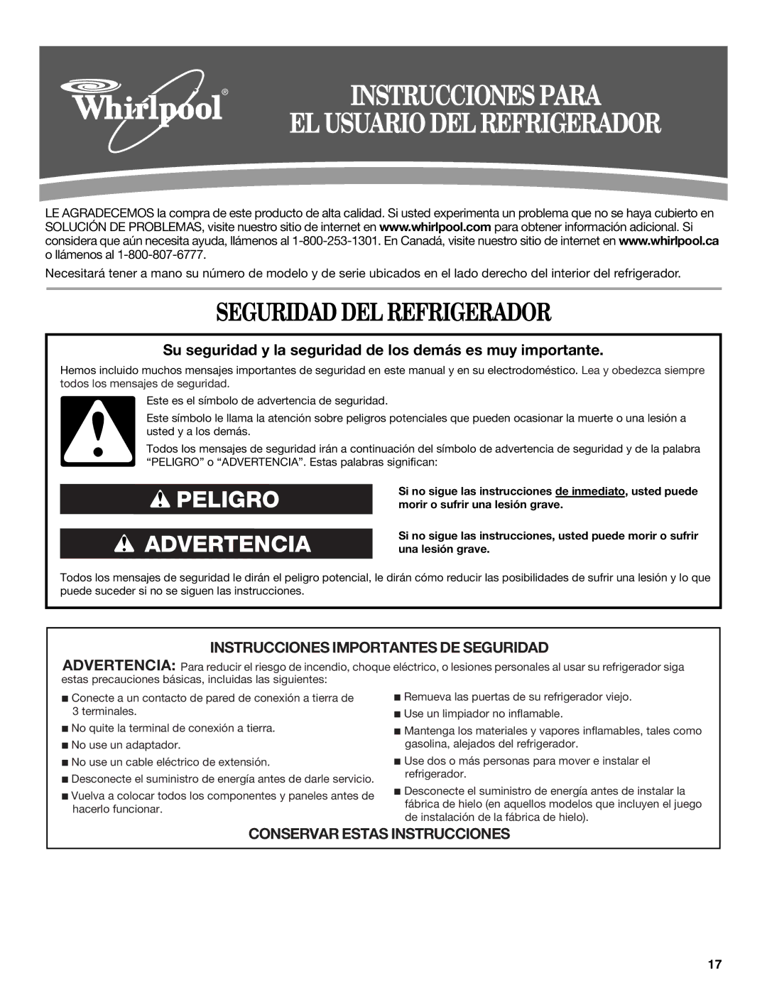 Whirlpool GR2FHTXV installation instructions Seguridad DEL Refrigerador, EL Usuario DEL Refrigerador 