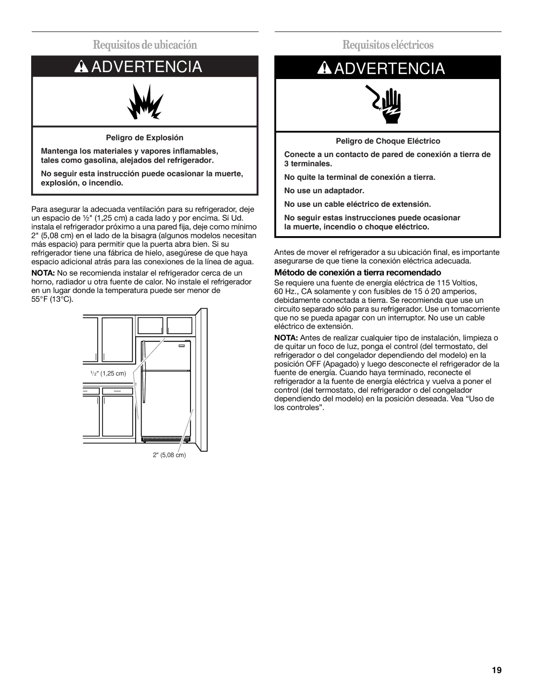 Whirlpool GR2FHTXV Requisitos de ubicación, Requisitos eléctricos, Método de conexión a tierra recomendado 