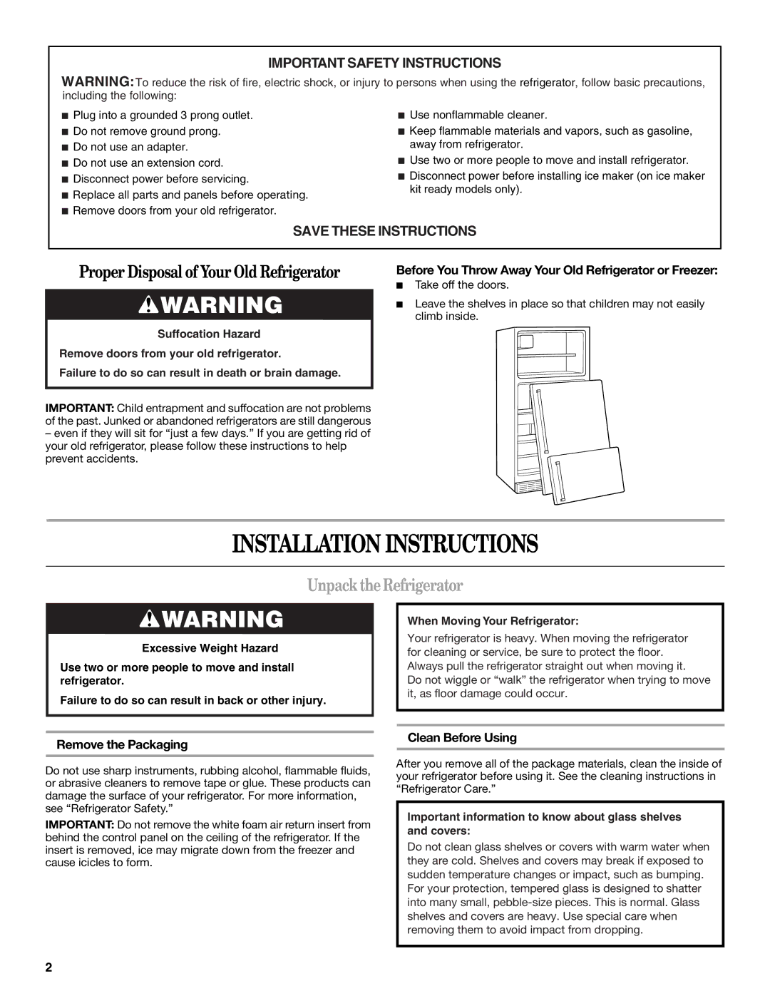 Whirlpool GR2FHTXV Installation Instructions, Unpack the Refrigerator, Remove the Packaging, Clean Before Using 