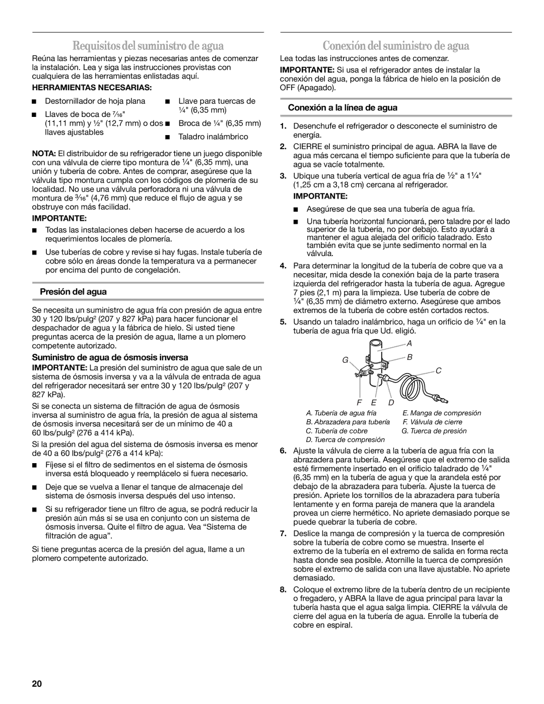 Whirlpool GR2FHTXV Requisitos del suministro de agua, Conexión del suministro de agua, Presión del agua 