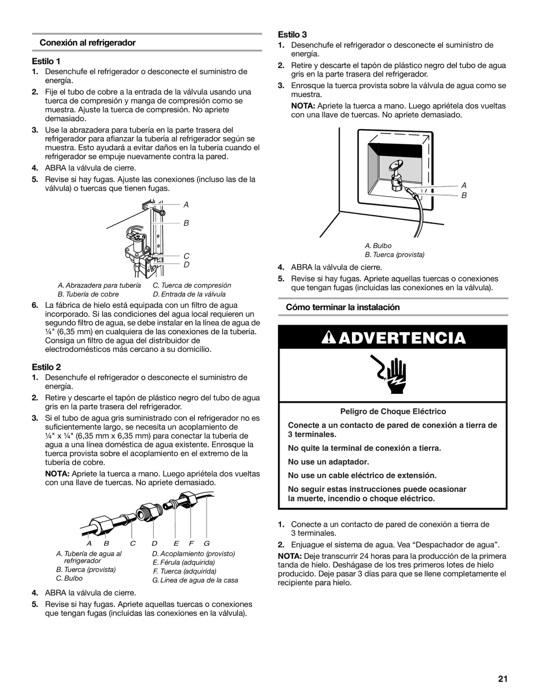 Whirlpool GR2FHTXV installation instructions Conexión al refrigerador Estilo, Cómo terminar la instalación 