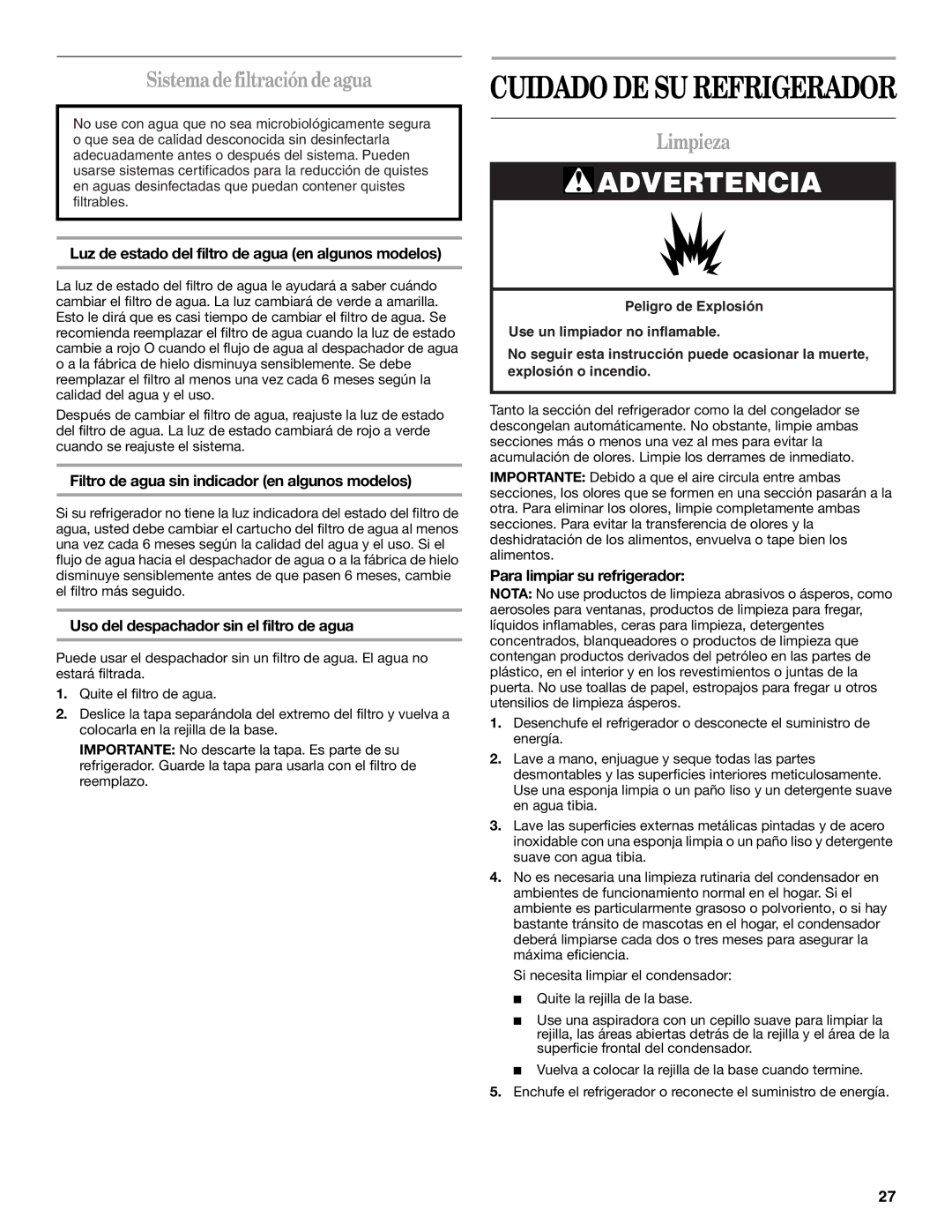 Whirlpool GR2FHTXV installation instructions Sistema de filtración de agua, Limpieza 