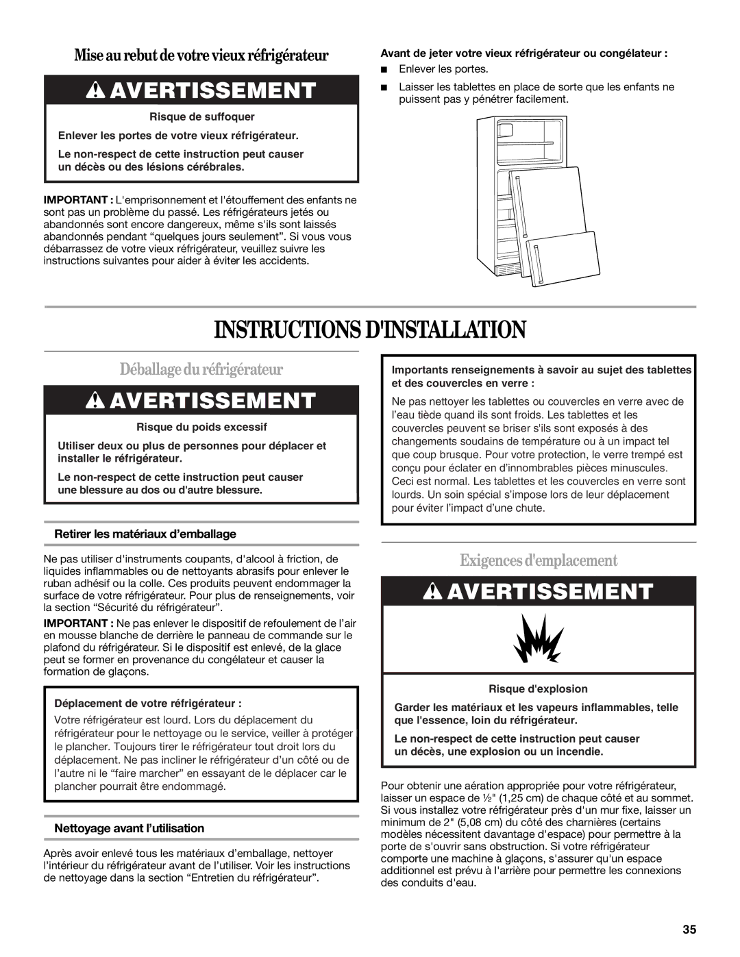 Whirlpool GR2FHTXV installation instructions Instructions Dinstallation, Déballagedu réfrigérateur, Exigences demplacement 