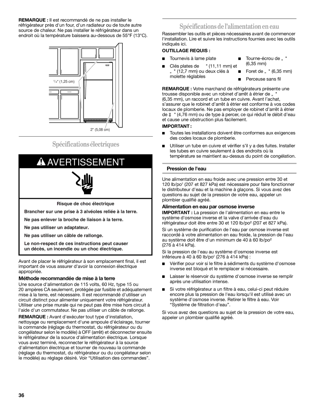 Whirlpool GR2FHTXV Spécificationsélectriques, Spécifications del’alimentationen eau, Pression de leau 