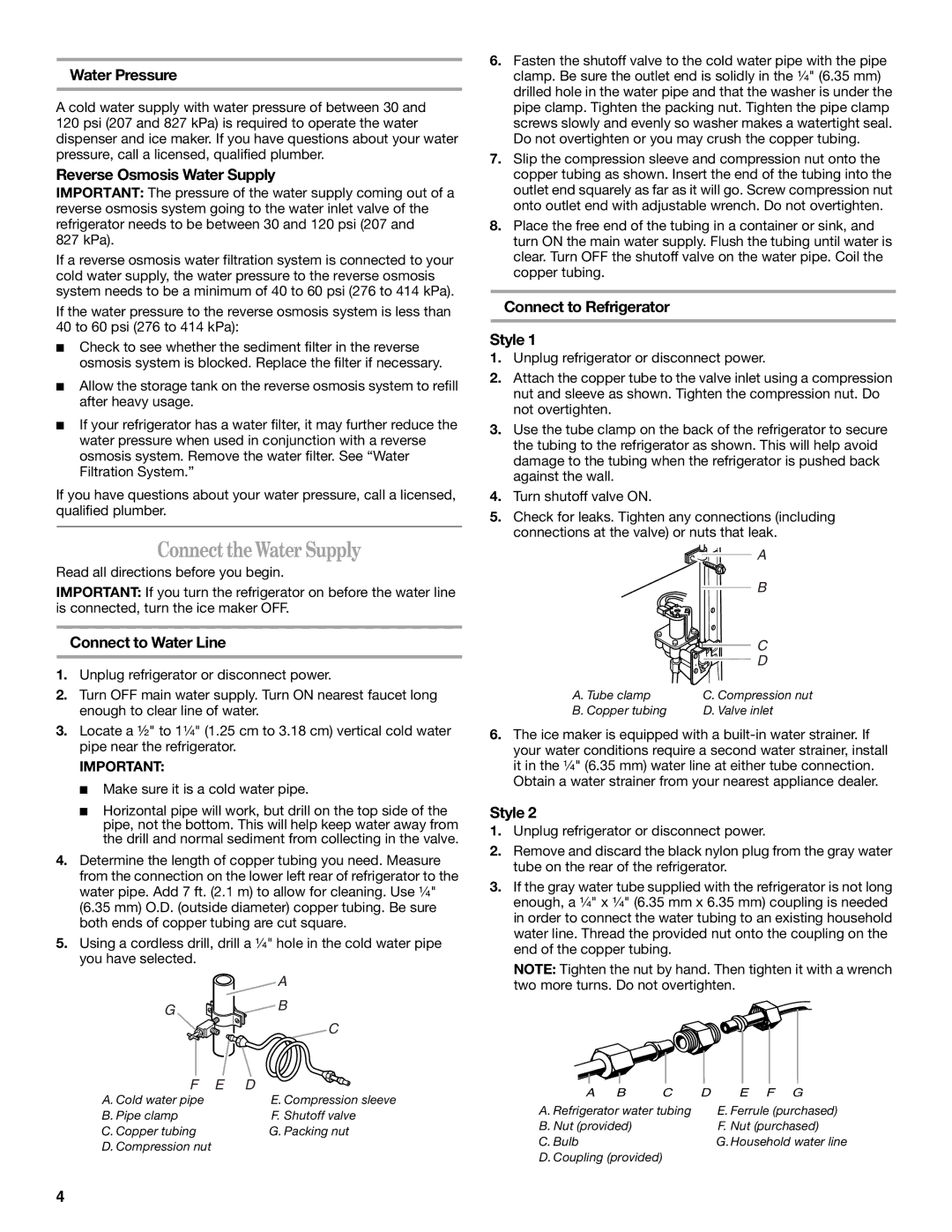 Whirlpool GR2FHTXV Connect the Water Supply, Water Pressure, Reverse Osmosis Water Supply, Connect to Water Line 