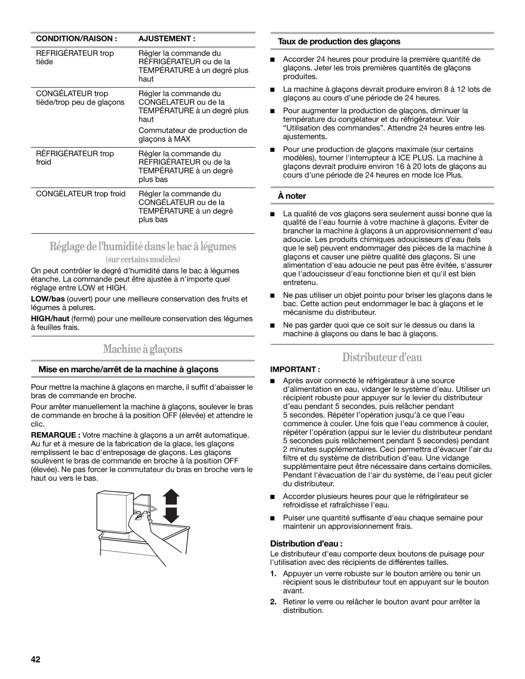 Whirlpool GR2FHTXV Machine à glaçons, Distributeur d’eau, Mise en marche/arrêt de la machine à glaçons, Distribution d’eau 