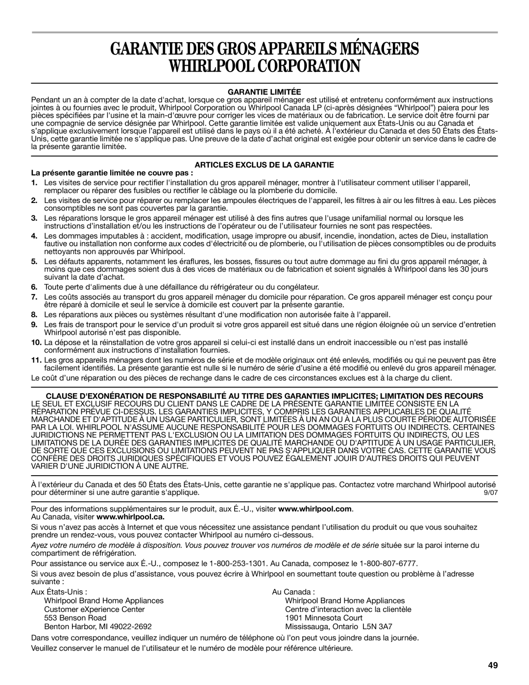 Whirlpool GR2FHTXV installation instructions Garantie DES Gros Appareils Ménagers Whirlpool Corporation, Garantie Limitée 