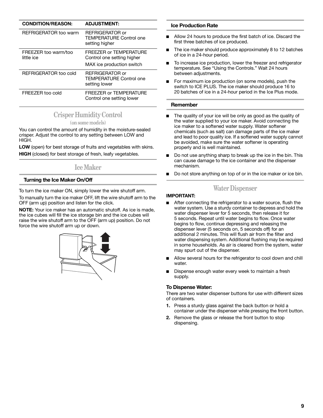 Whirlpool GR2FHTXV installation instructions Crisper Humidity Control, Ice Maker, Water Dispenser 