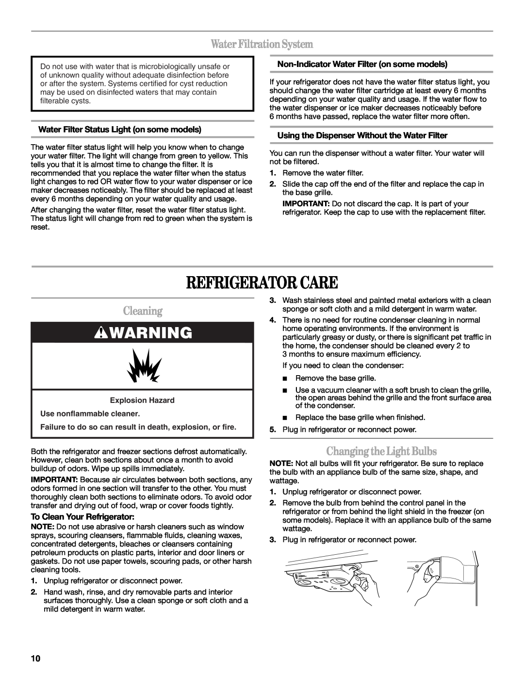Whirlpool GR2FHTXV installation instructions Refrigerator Care, Water FiltrationSystem, Cleaning, Changing the Light Bulbs 