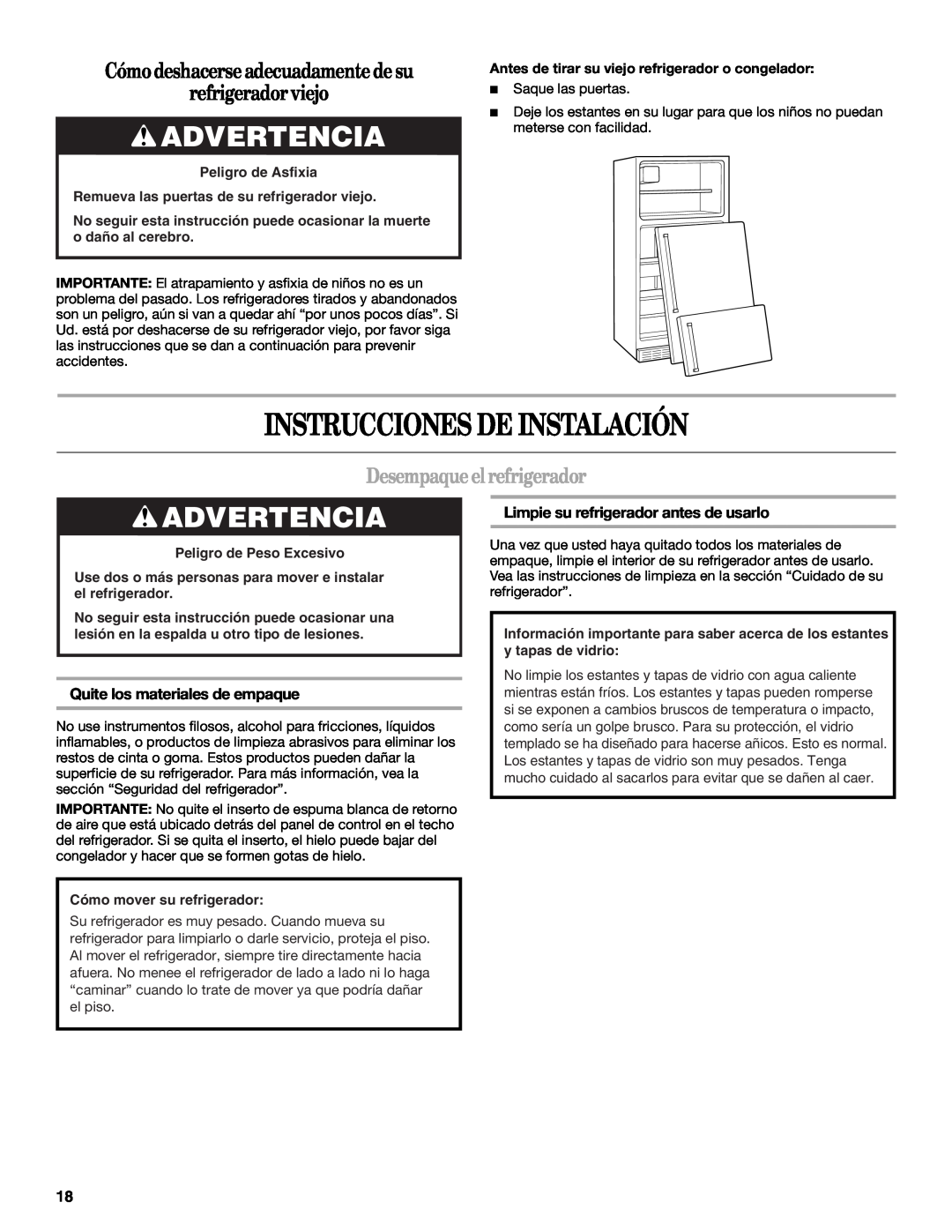 Whirlpool GR2FHTXV Instrucciones De Instalación, Advertencia, Cómo deshacerse adecuadamente de su refrigerador viejo 