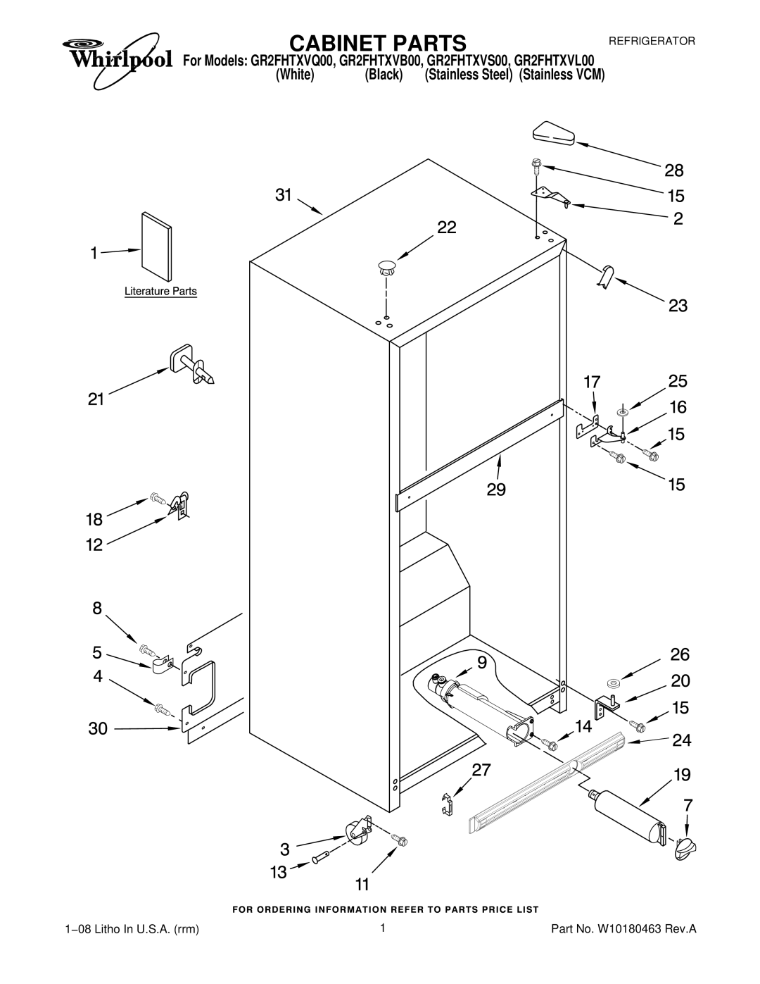 Whirlpool GR2FHTXVL00, GR2FHTXVB00, GR2FHTXVS00, GR2FHTXVQ00 manual Cabinet Parts 