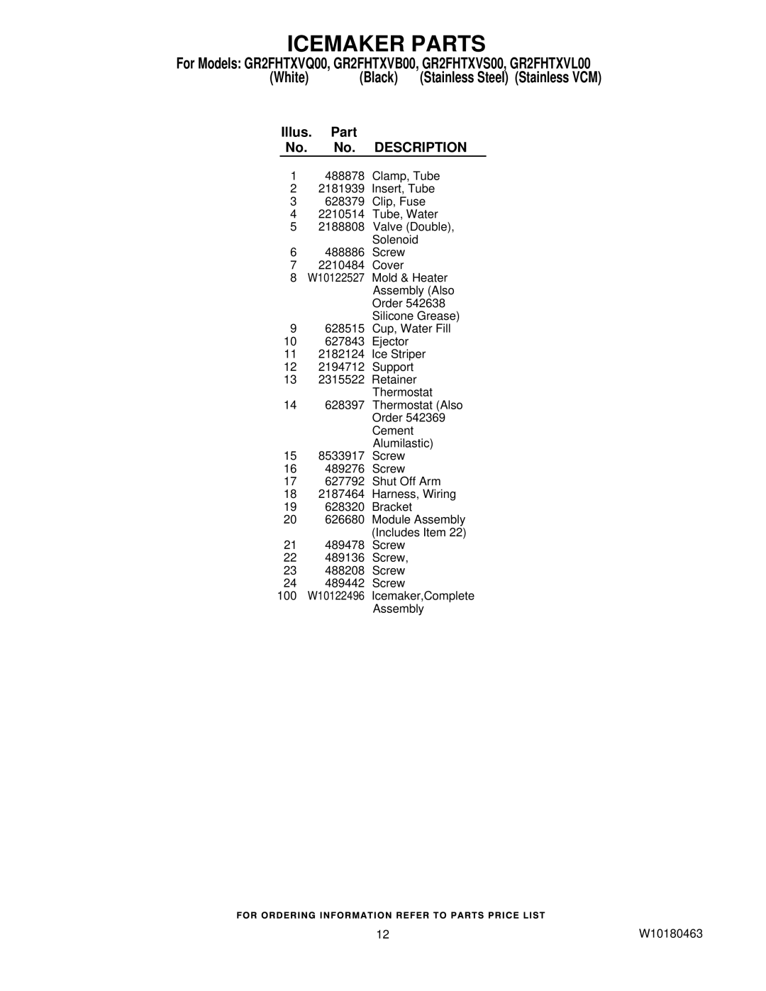 Whirlpool GR2FHTXVB00, GR2FHTXVL00, GR2FHTXVS00, GR2FHTXVQ00 manual 100 W10122496 Icemaker,Complete Assembly W10180463 