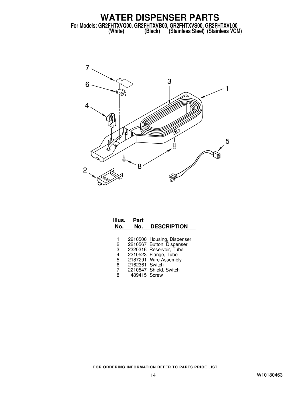 Whirlpool GR2FHTXVS00, GR2FHTXVB00, GR2FHTXVL00, GR2FHTXVQ00 manual Water Dispenser Parts 