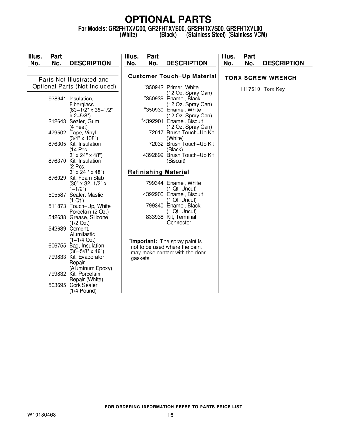 Whirlpool GR2FHTXVQ00, GR2FHTXVB00, GR2FHTXVL00 manual Optional Parts, Customer Touch−Up Material, Refinishing Material 