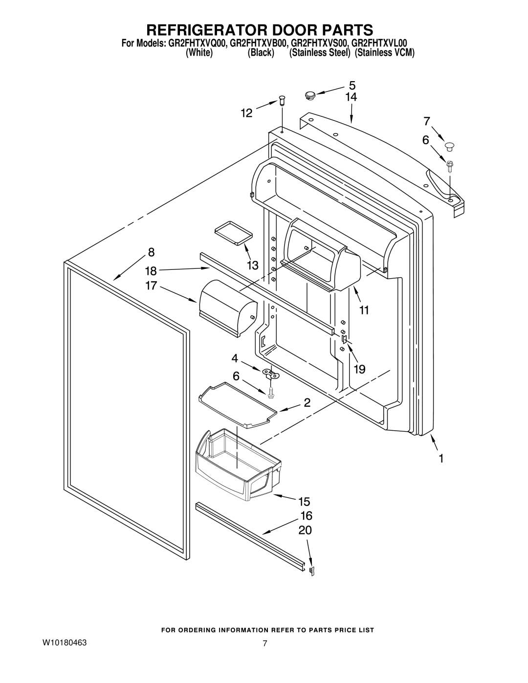 Whirlpool GR2FHTXVQ00, GR2FHTXVB00, GR2FHTXVL00, GR2FHTXVS00 manual Refrigerator Door Parts 