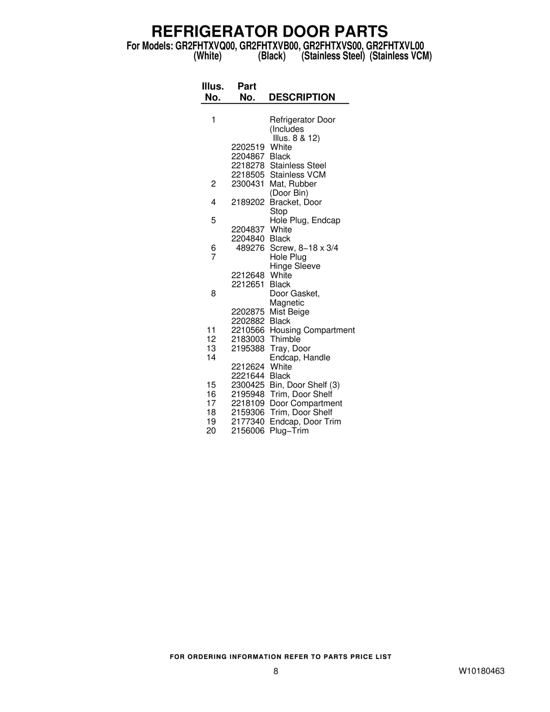 Whirlpool GR2FHTXVB00, GR2FHTXVL00, GR2FHTXVS00, GR2FHTXVQ00 manual Illus Part, Description 