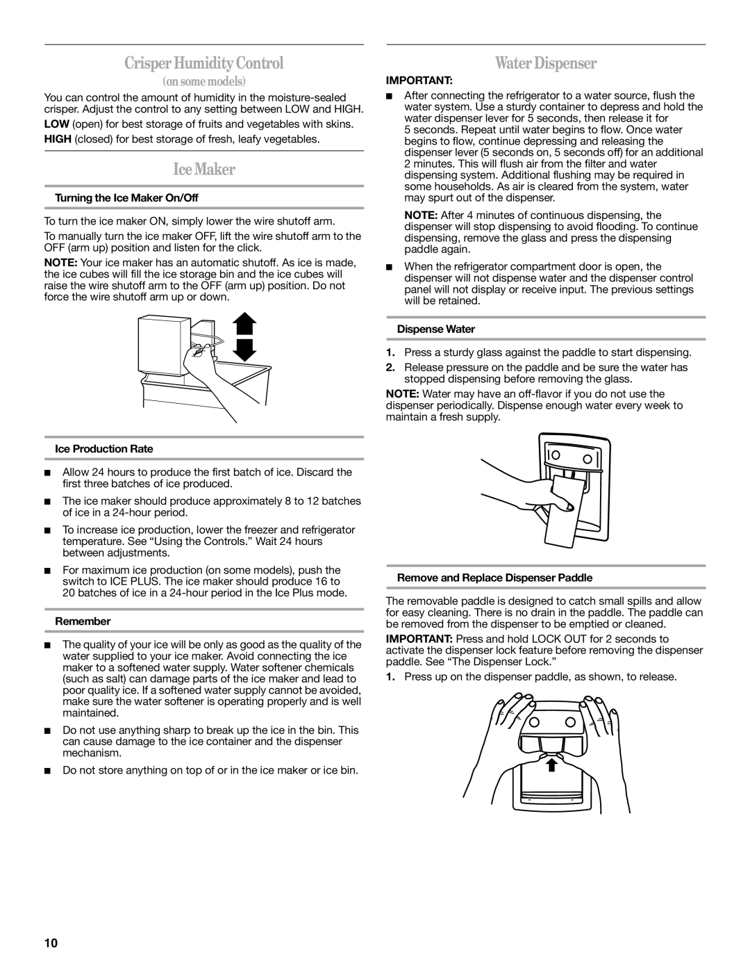 Whirlpool GR2SHWXPB02 warranty CrisperHumidityControl, IceMaker, Water Dispenser 