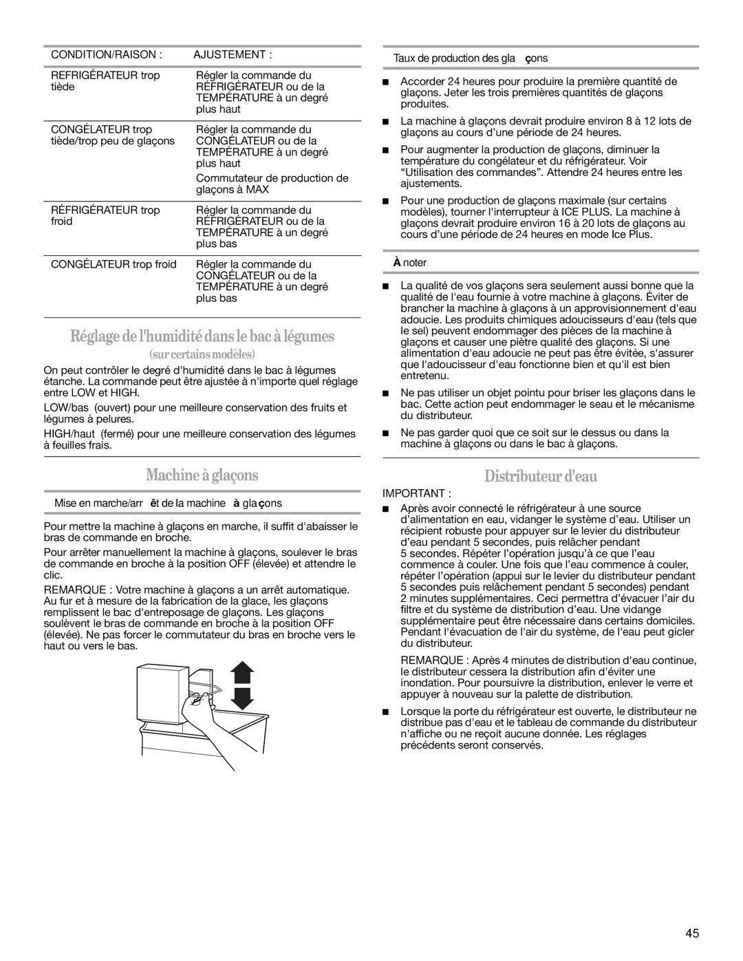 Whirlpool GR2SHWXPB02 warranty Réglagedelhumiditédans lebacà légumes, Machineàglaçons, Distributeurdeau 