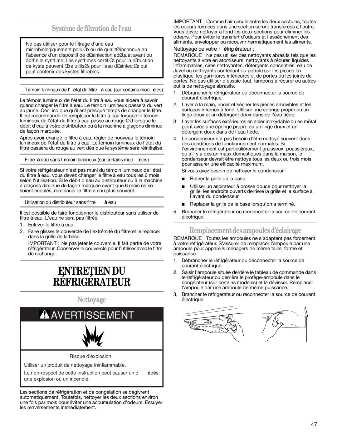 Whirlpool GR2SHWXPB02 warranty Entretien DU Réfrigérateur, Systèmedefiltrationdeleau, Nettoyage de votre réfrigérateur 