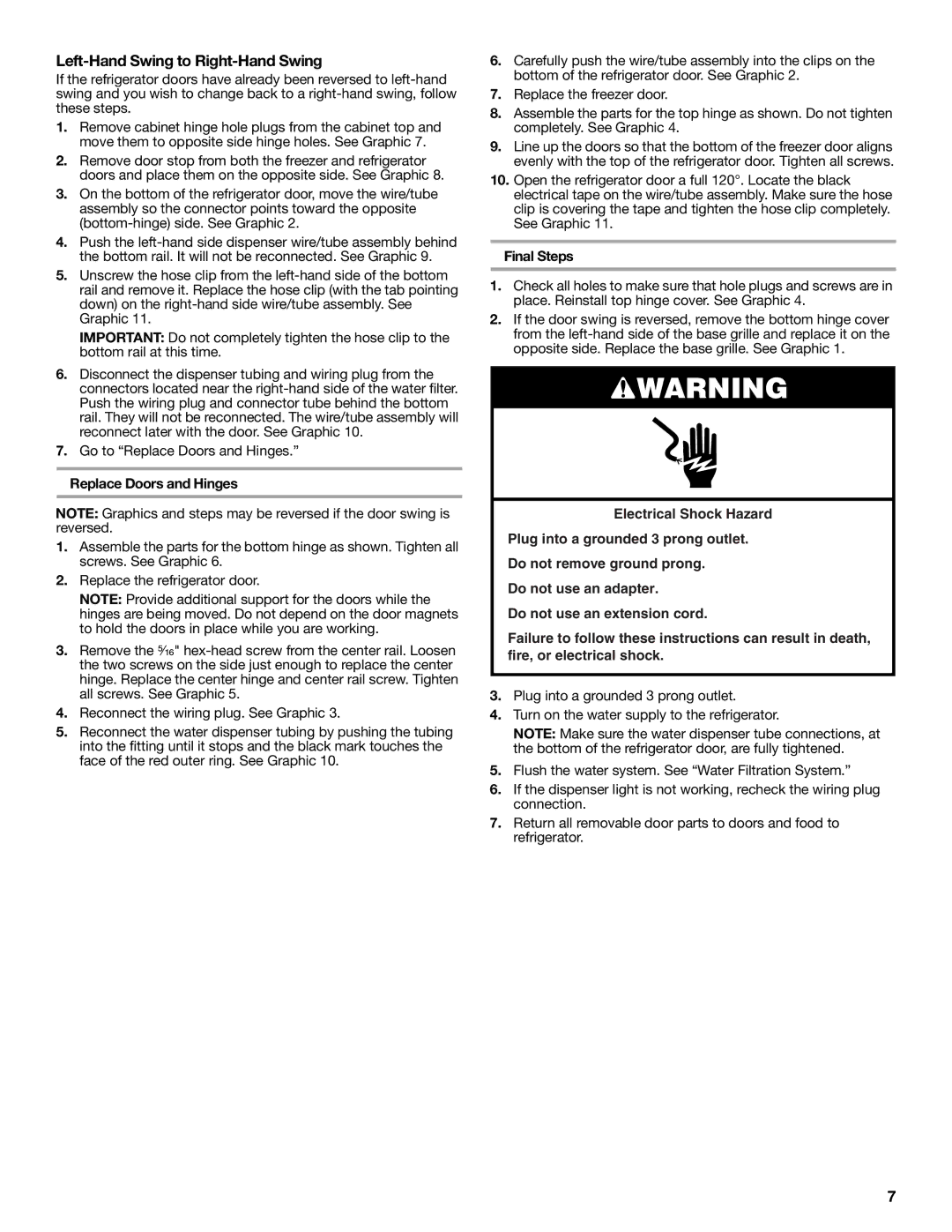 Whirlpool GR2SHWXPB02 warranty Left-Hand Swing to Right-Hand Swing, Replace Doors and Hinges, Final Steps 