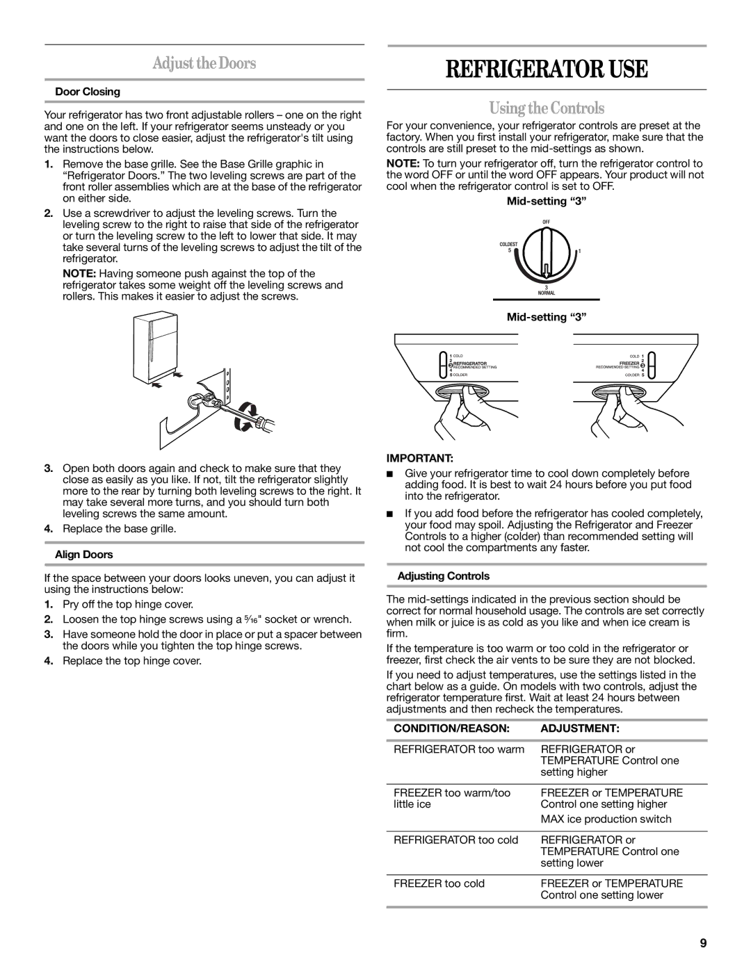 Whirlpool GR2SHWXPB02 warranty Refrigerator USE, AdjusttheDoors, Using theControls, CONDITION/REASON Adjustment 