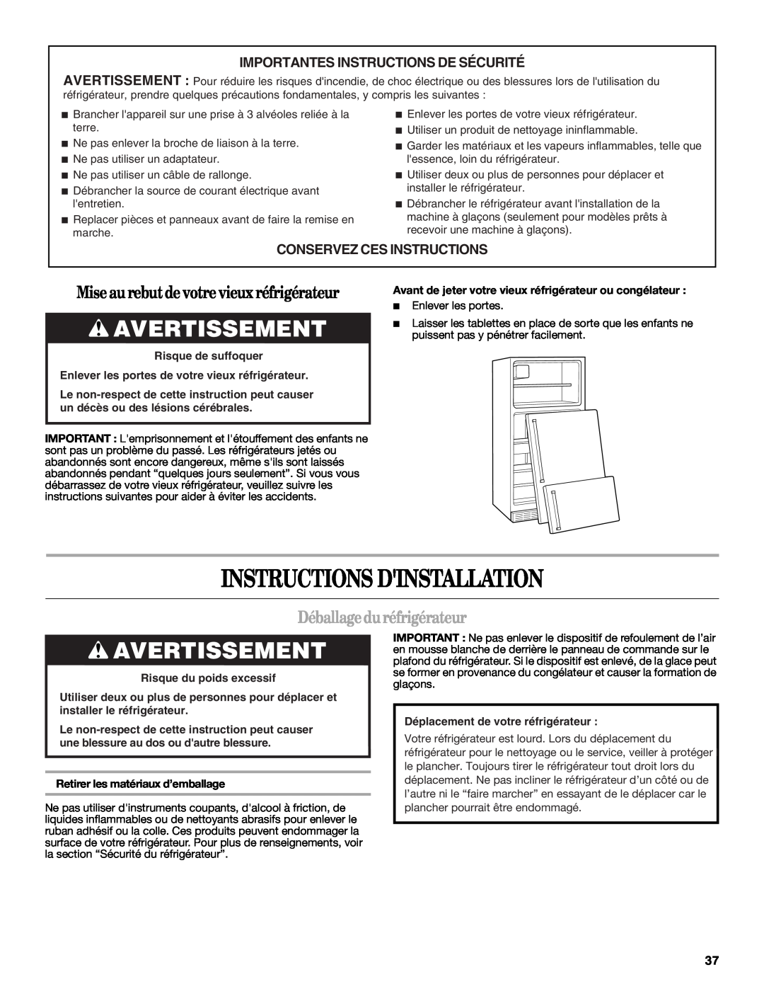 Whirlpool GR2SHWXPB02 warranty Instructions Dinstallation, Avertissement, Miseau rebutdevotrevieuxréfrigérateur 