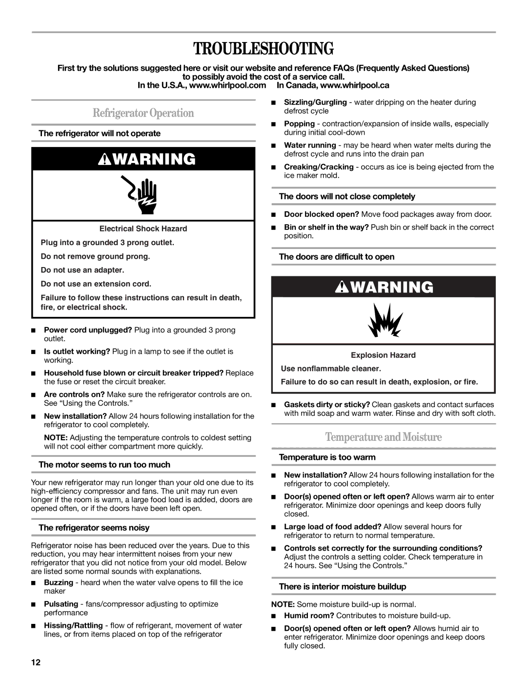 Whirlpool GR2SHWXPS02, GR2SHWXPQ02, GR2SHWXPL02 Troubleshooting, Refrigerator Operation, Temperature and Moisture 