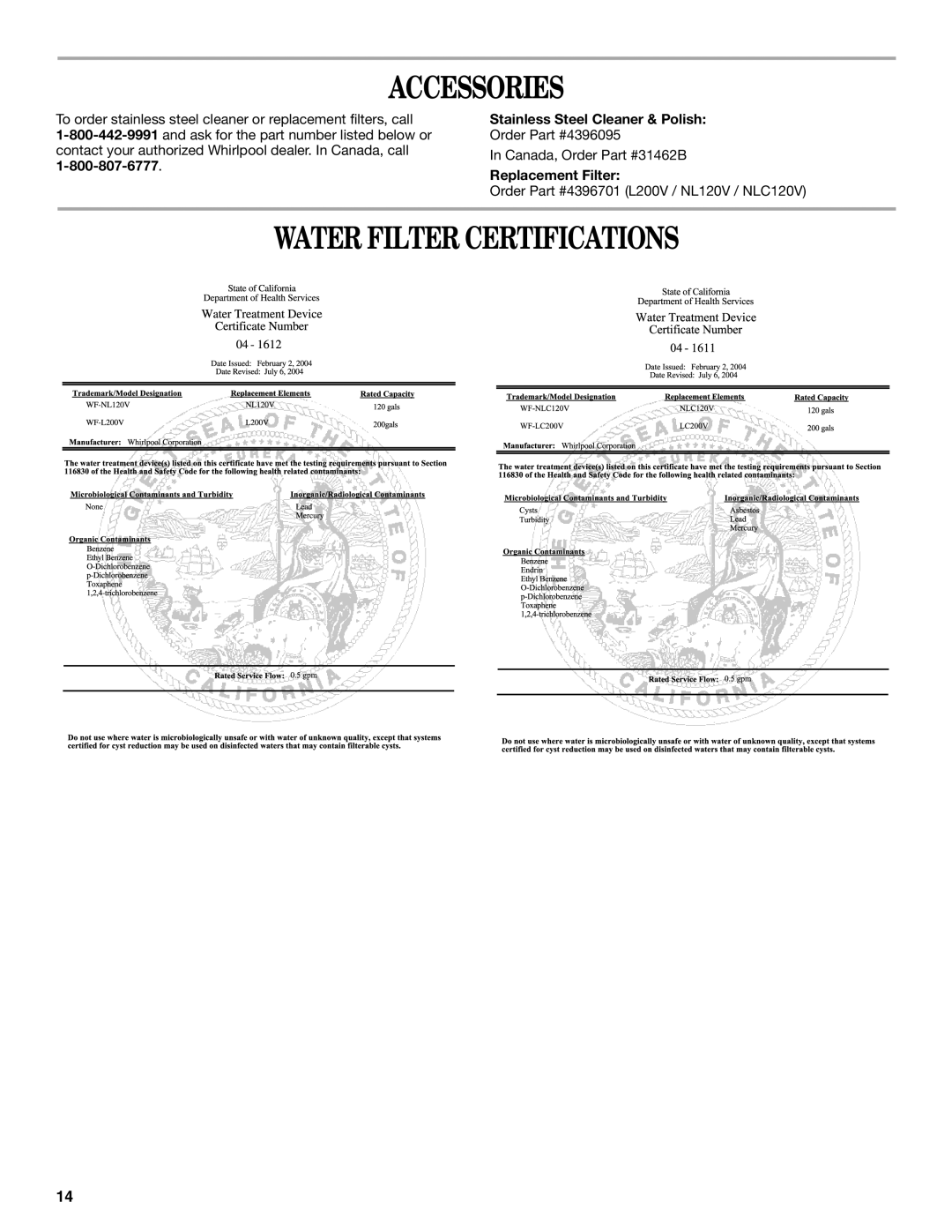 Whirlpool GR2SHWXPL02 Accessories, Water Filter Certifications, Stainless Steel Cleaner & Polish, Replacement Filter 