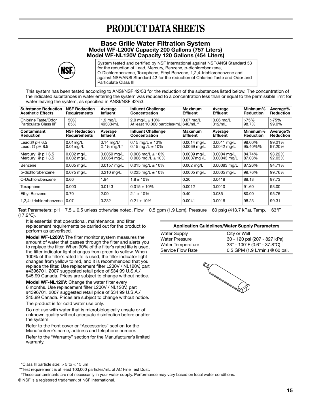 Whirlpool W10131410A, GR2SHWXPS02, GR2SHWXPQ02 Product Data Sheets, Application Guidelines/Water Supply Parameters 