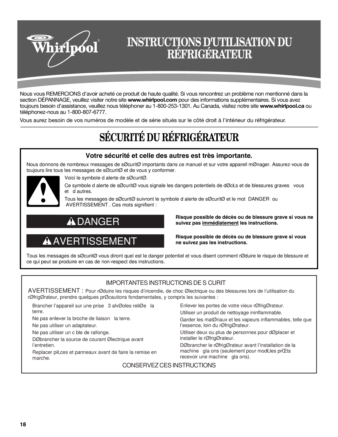 Whirlpool GR2SHWXPL02, GR2SHWXPS02, GR2SHWXPQ02, W10131410A installation instructions Sécurité DU Réfrigérateur 