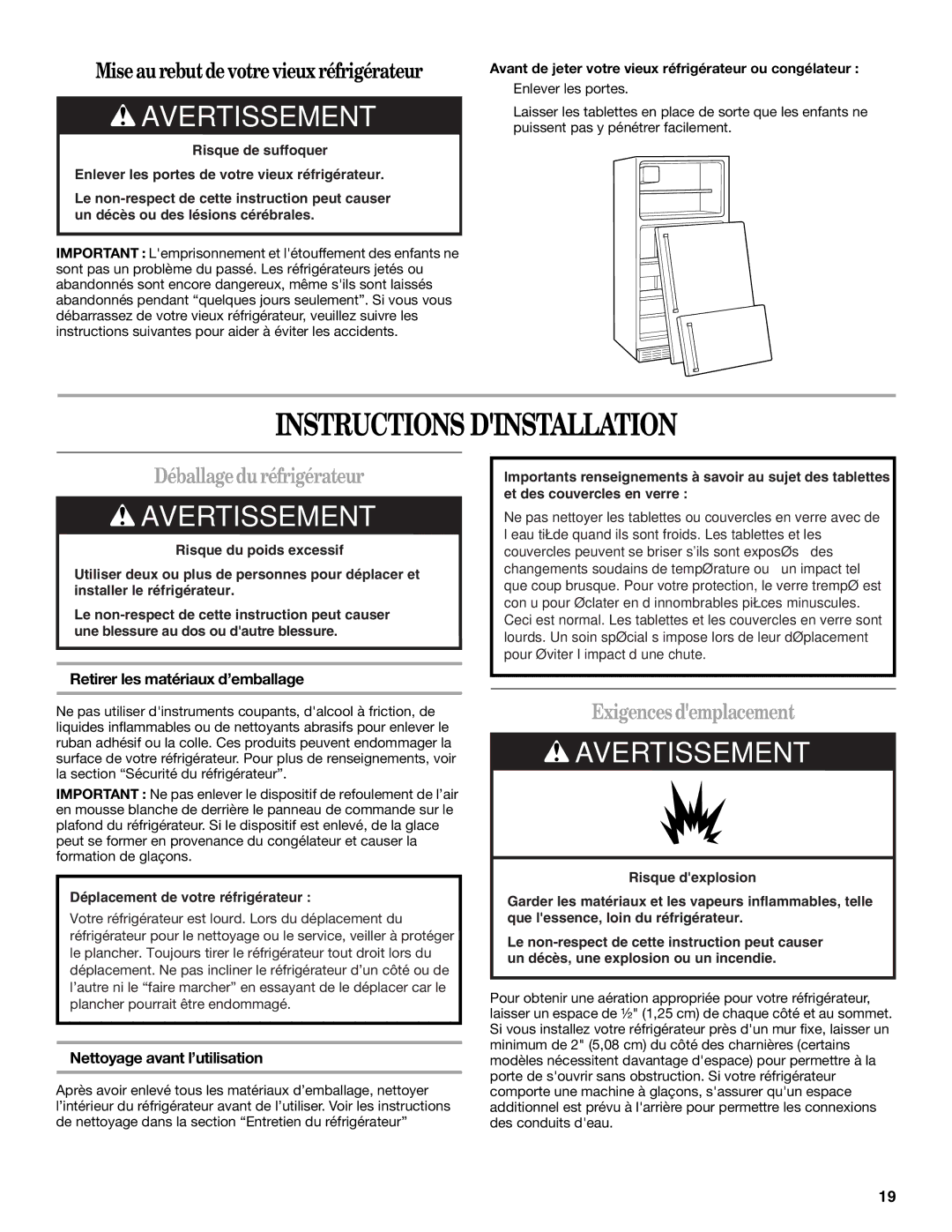 Whirlpool W10131410A, GR2SHWXPS02 Instructions Dinstallation, Déballagedu réfrigérateur, Exigences demplacement 