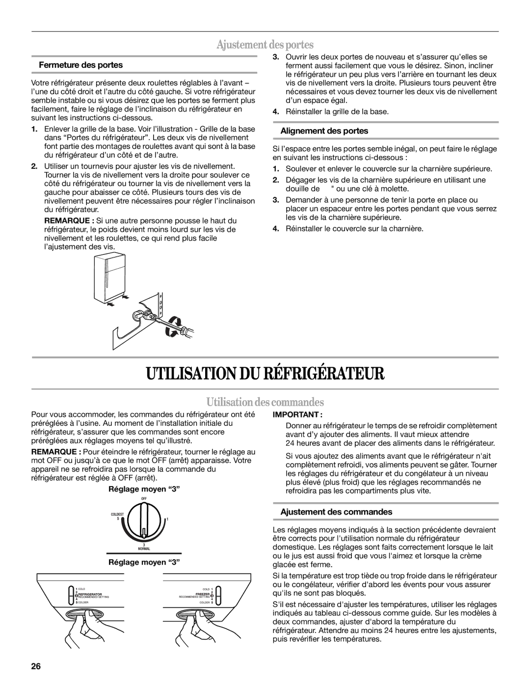 Whirlpool GR2SHWXPL02, GR2SHWXPS02 Utilisation DU Réfrigérateur, Ajustement des portes, Utilisationdes commandes 