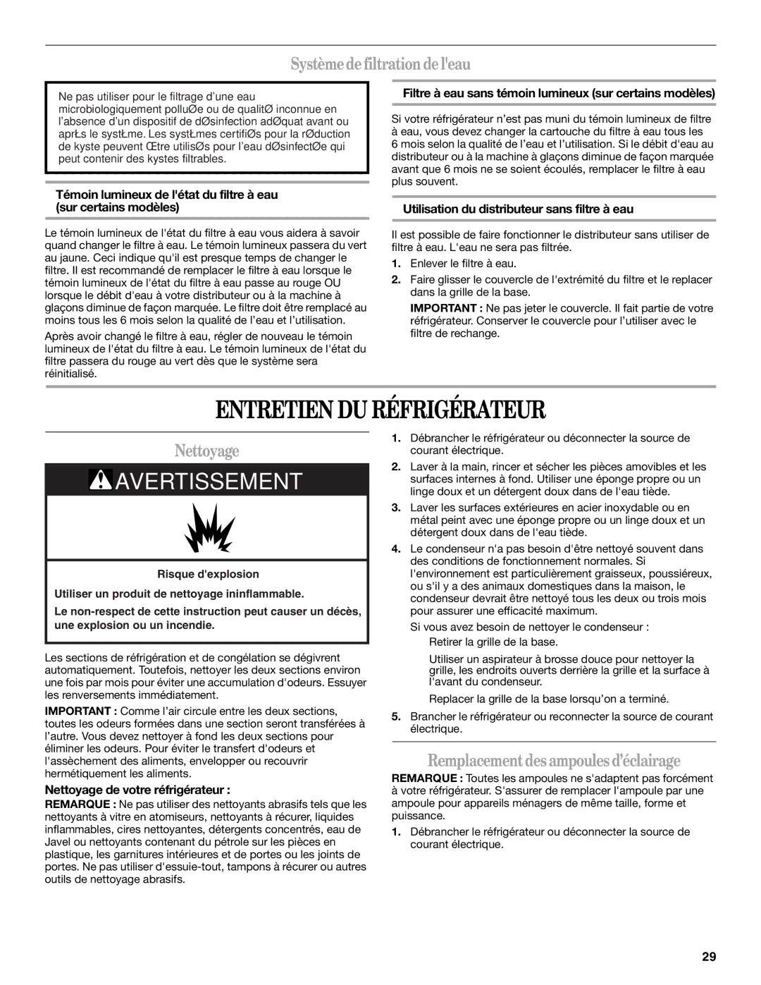 Whirlpool GR2SHWXPQ02, GR2SHWXPS02, GR2SHWXPL02 Entretien DU Réfrigérateur, Système de filtration de leau, Nettoyage 