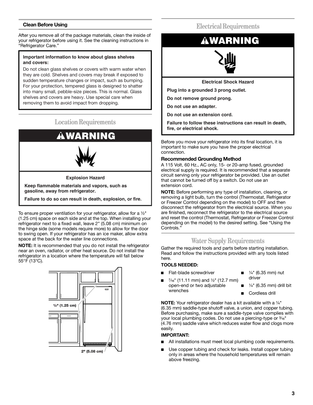 Whirlpool W10131410A LocationRequirements, Electrical Requirements, Water Supply Requirements, Clean Before Using 