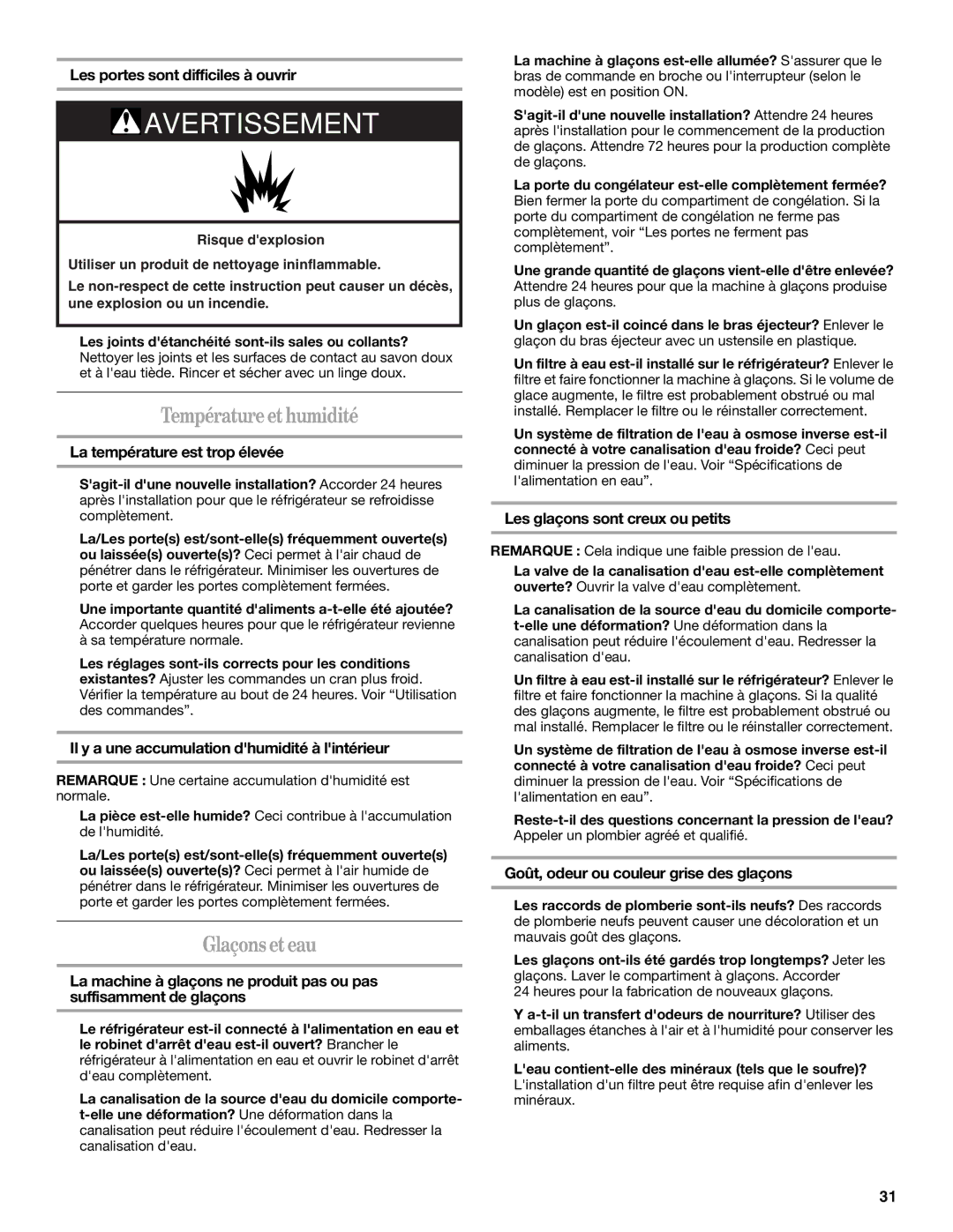 Whirlpool W10131410A, GR2SHWXPS02, GR2SHWXPQ02, GR2SHWXPL02 installation instructions Température et humidité, Glaçons et eau 