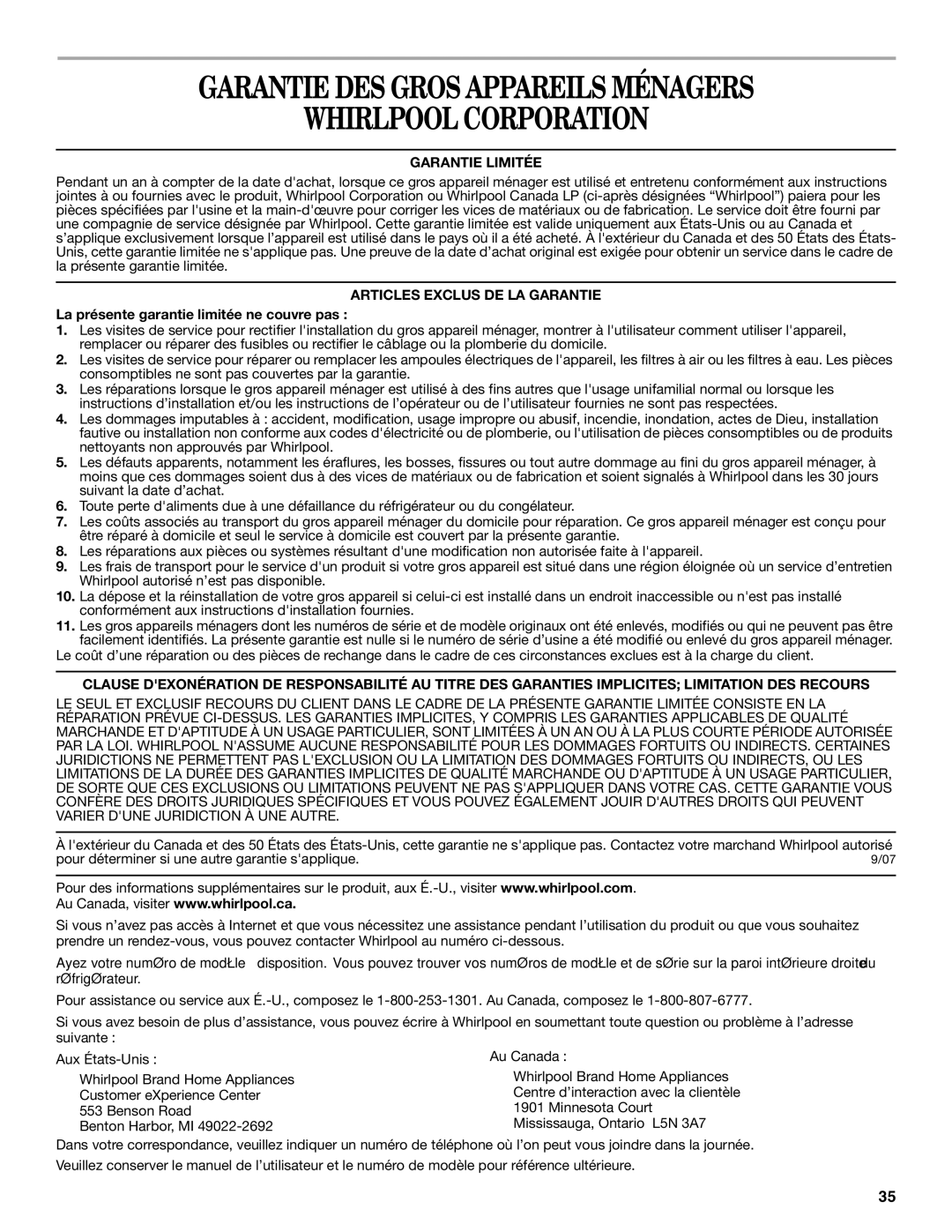 Whirlpool W10131410A, GR2SHWXPS02, GR2SHWXPQ02 Garantie DES Gros Appareils Ménagers Whirlpool Corporation, Garantie Limitée 