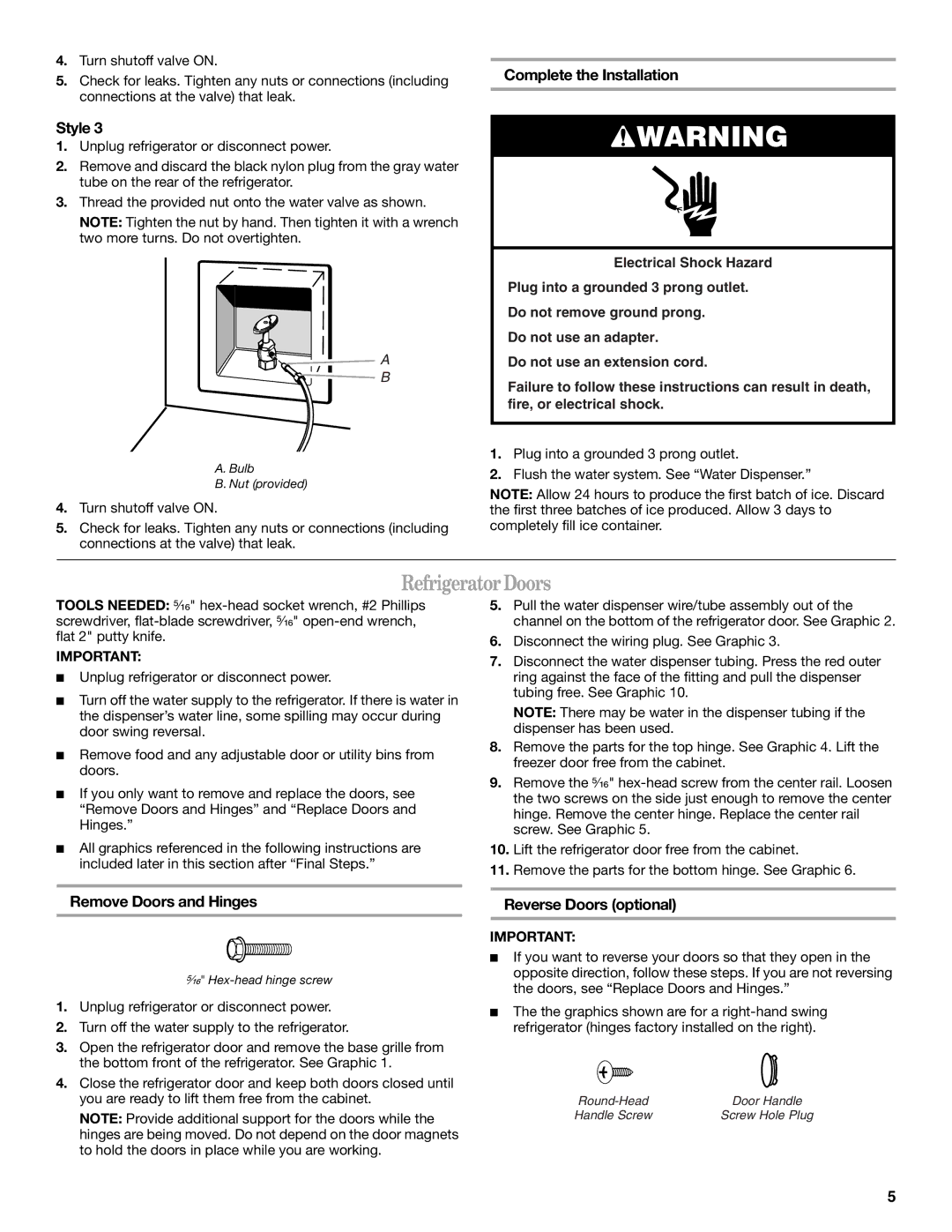 Whirlpool GR2SHWXPQ02 Refrigerator Doors, Complete the Installation, Remove Doors and Hinges, Reverse Doors optional 