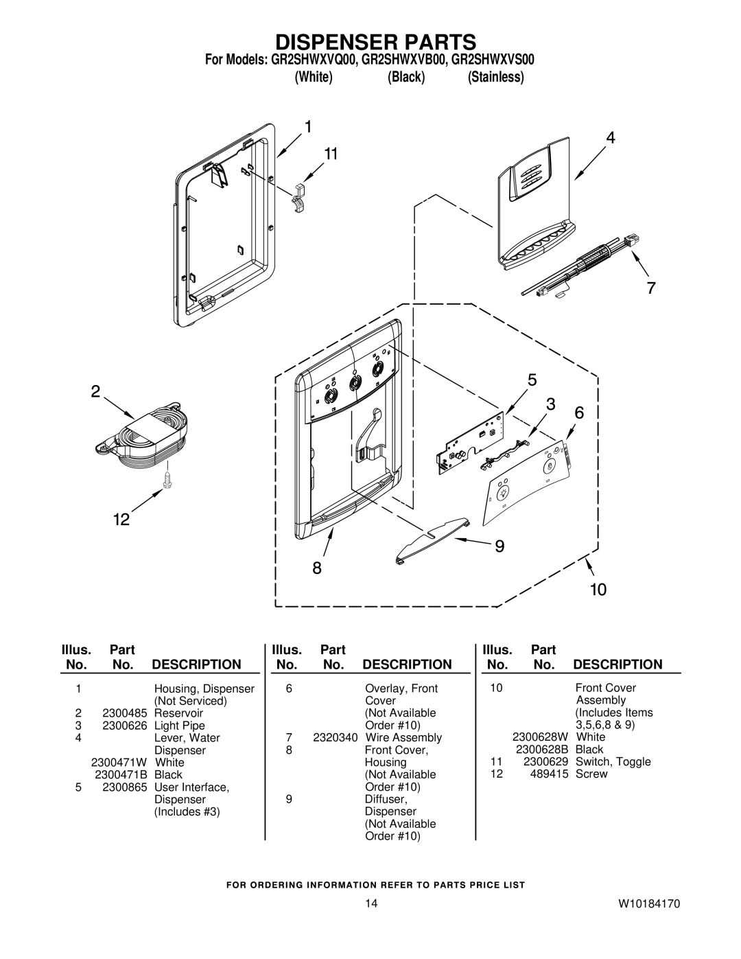 Whirlpool GR2SHWXVB00, GR2SHWXVQ00, GR2SHWXVS00 manual Dispenser Parts 