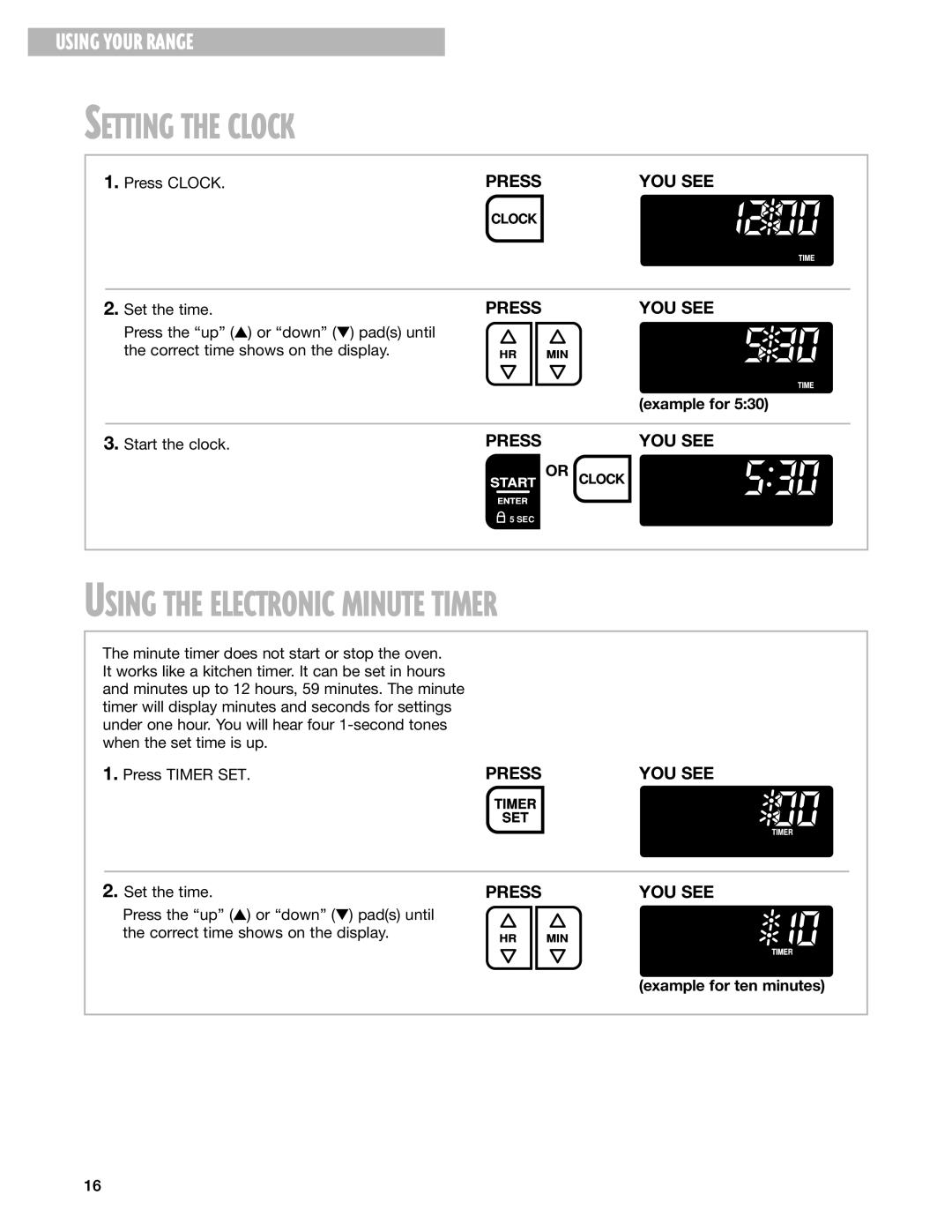 Whirlpool GR395LXG warranty Setting the Clock, Using the Electronic Minute Timer, Example for ten minutes 