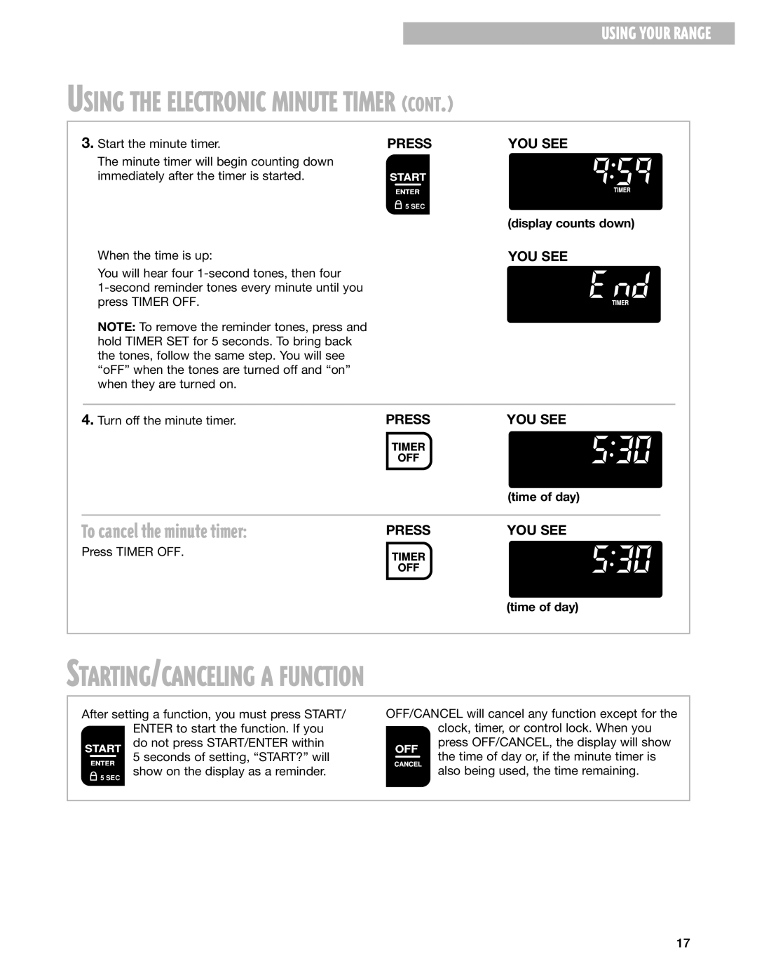 Whirlpool GR395LXG warranty STARTING/CANCELING a Function, To cancel the minute timer, Time of day, Press Timer OFF 