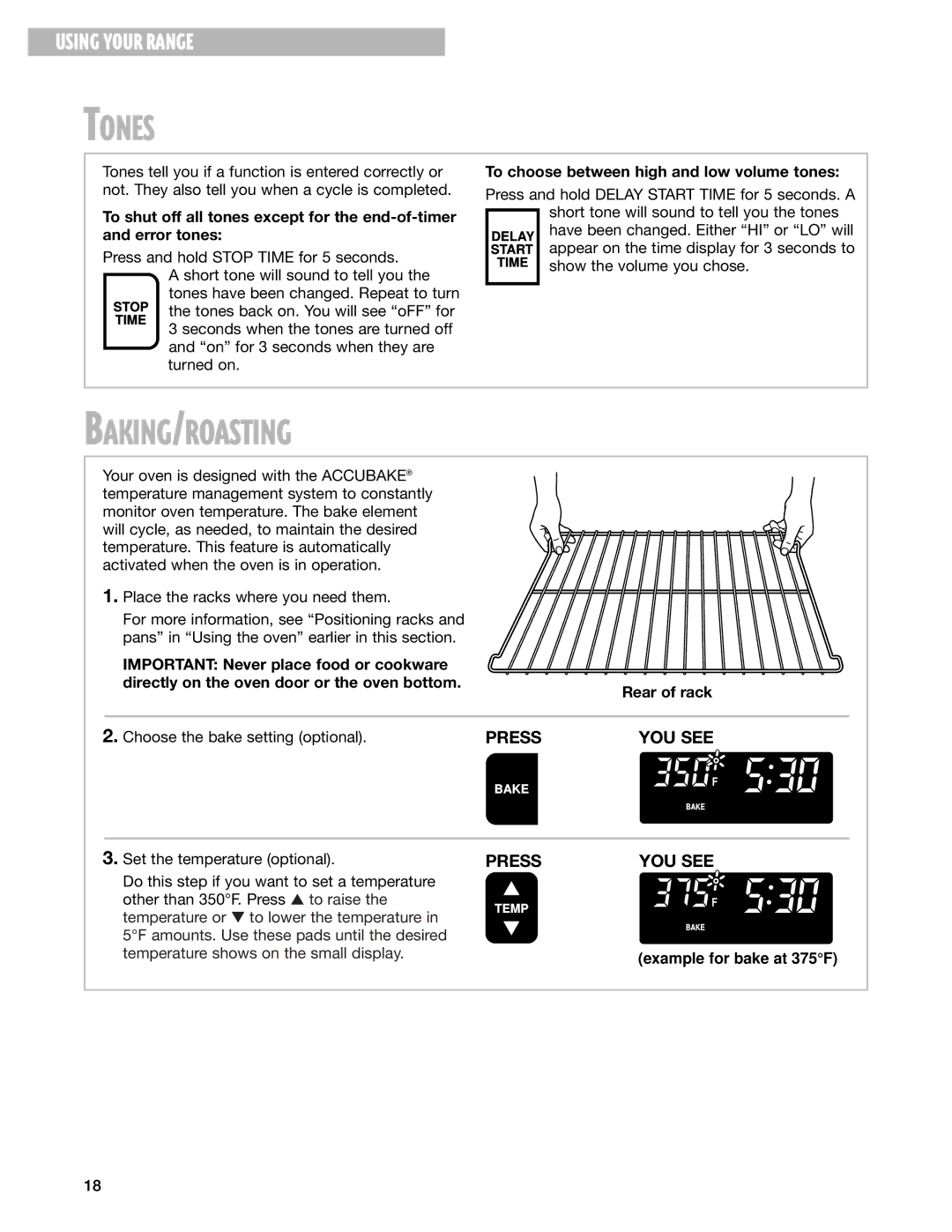 Whirlpool GR395LXG warranty Tones, Baking/Roasting, To choose between high and low volume tones 