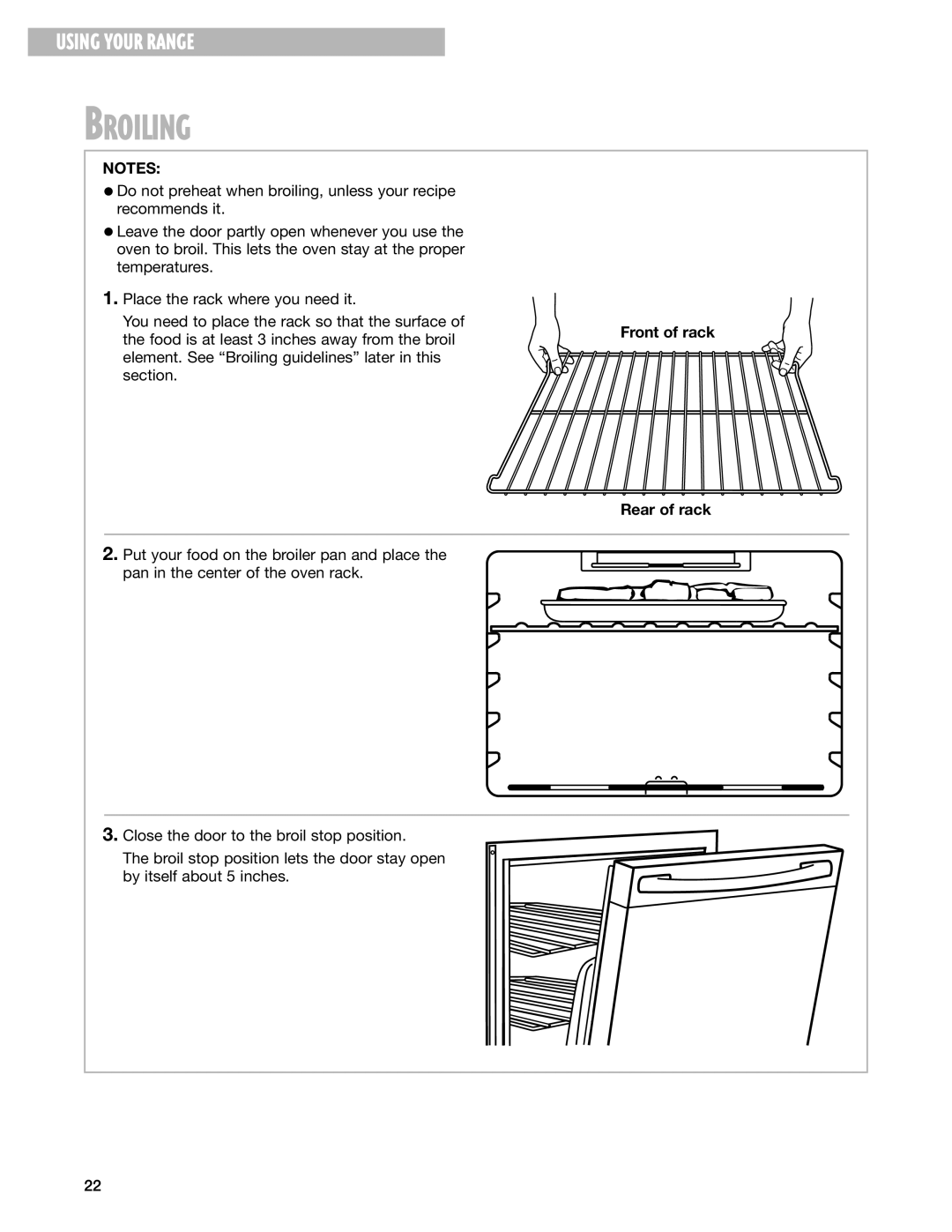 Whirlpool GR395LXG warranty Broiling, Front of rack 