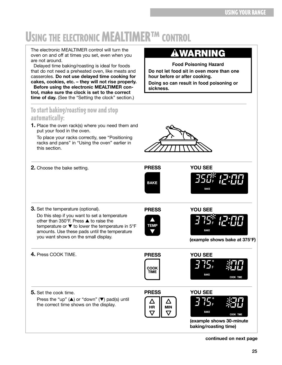 Whirlpool GR395LXG warranty Example shows bake at 375F Press Cook Time, Example shows 30-minute, Baking/roasting time 