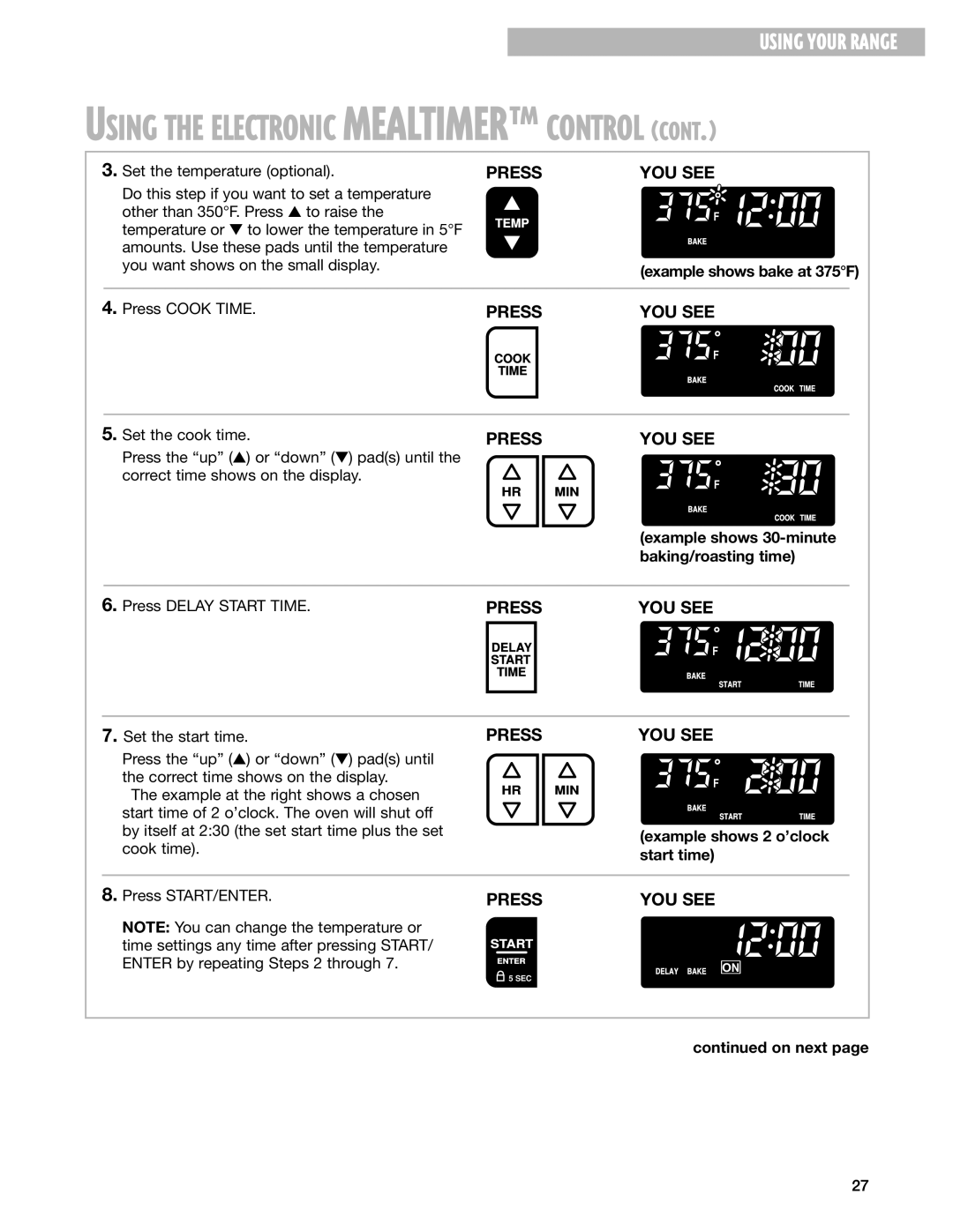 Whirlpool GR395LXG warranty Example shows 2 o’clock start time, On next 