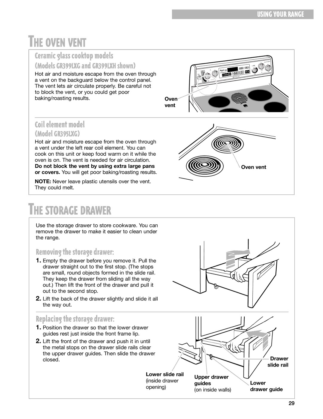 Whirlpool GR395LXG warranty Oven Vent, Ceramic glass cooktop models, Coil element model, Removing the storage drawer 