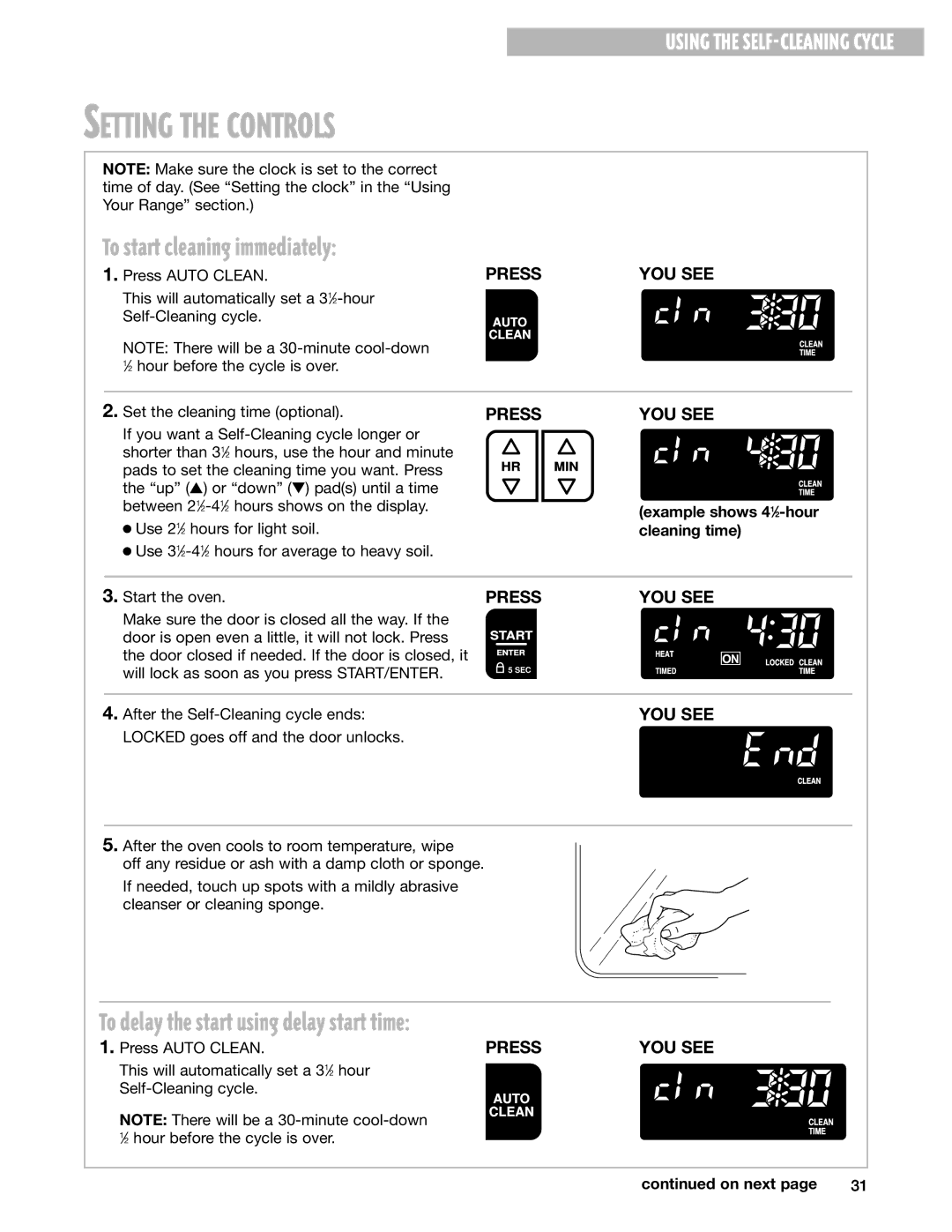 Whirlpool GR395LXG warranty Setting the Controls, Example shows 41⁄2-hour cleaning time 