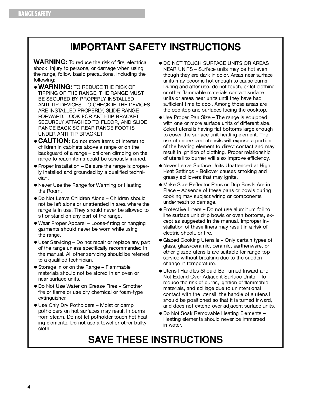 Whirlpool GR395LXG warranty Important Safety Instructions 